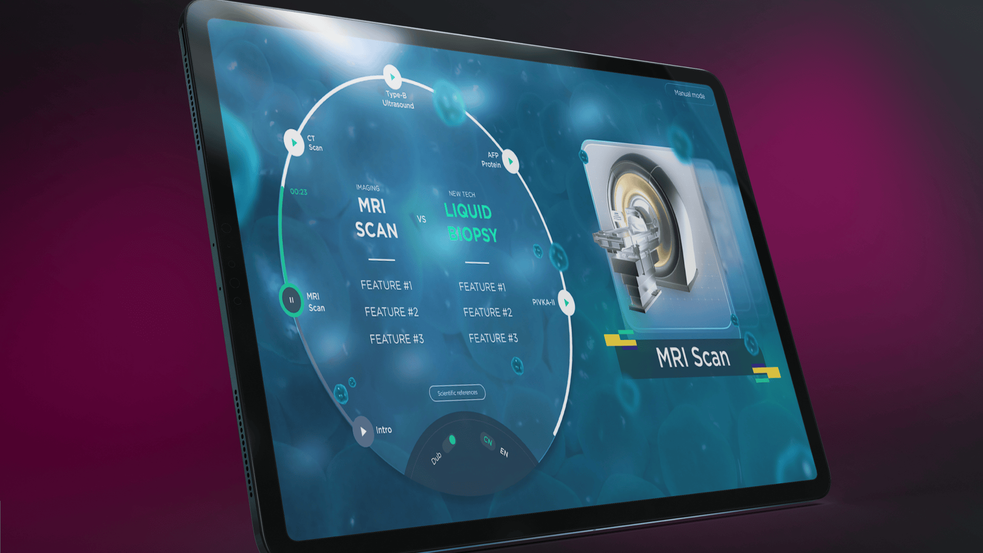 Interactive medtech 3D animation comparing MRI scan vs liquid biopsy workflow on tablet for clinical marketing